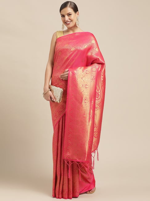 Sharaa Ethnica Pink Silk Woven Saree With Unstitched Blouse Price in India