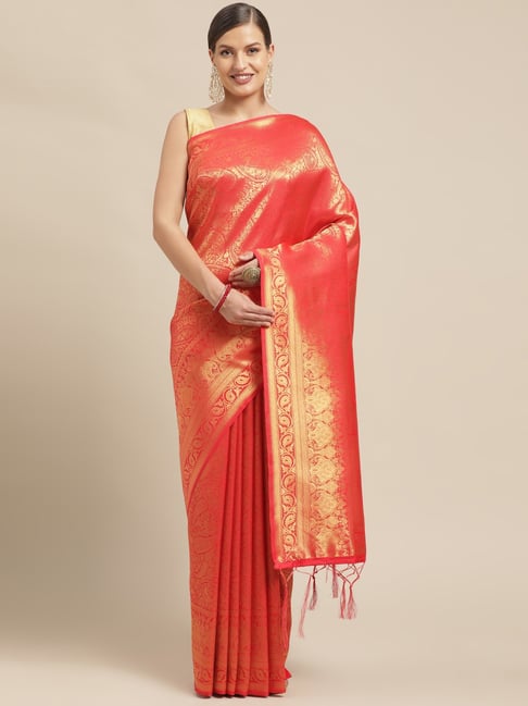 Sharaa Ethnica Red Silk Woven Saree With Unstitched Blouse Price in India