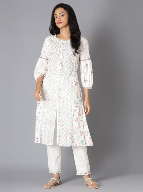 W White Cotton Printed Kurta Pant Set