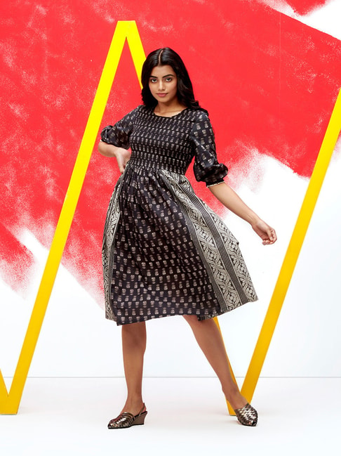 W Black Printed A-Line Dress Price in India