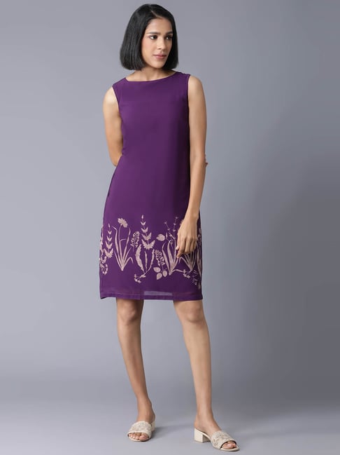 W Purple Floral Print A-Line Dress Price in India
