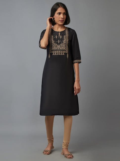 W Black Embellished Straight Kurta Price in India