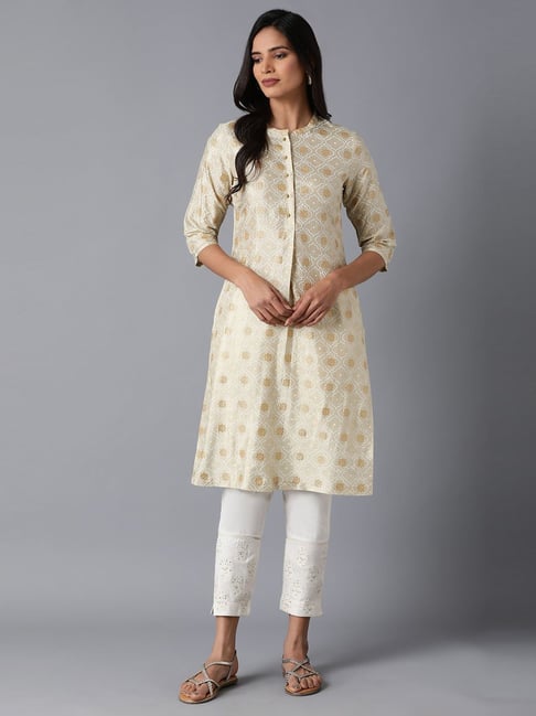 W Beige Geometric Print Straight Kurta Price in India