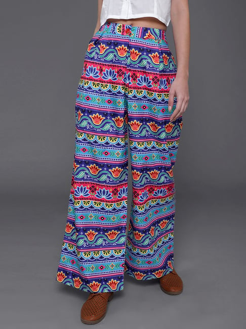 Aks Blue & Pink Cotton Printed Palazzos