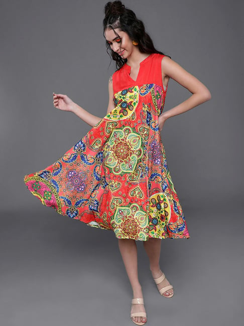 Aks Red & Blue Printed A-Line Dress Price in India
