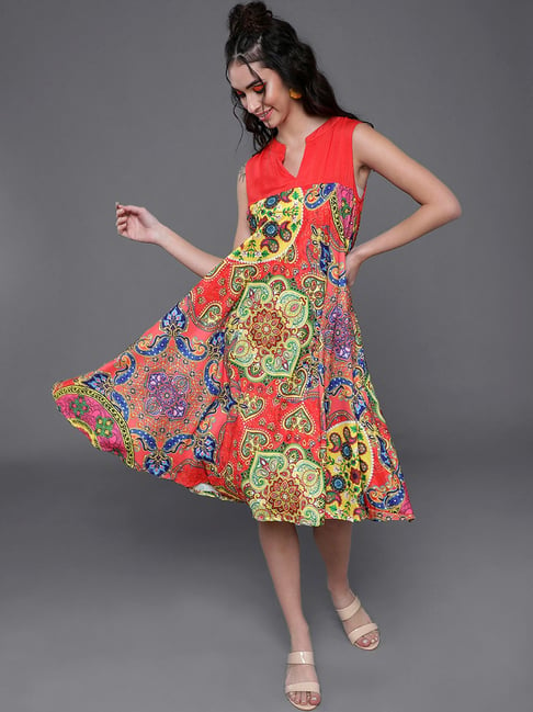 Aks Red & Blue Printed A-Line Dress