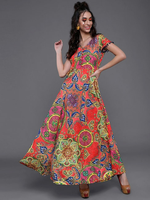 Aks Red & Blue Printed Maxi Dress Price in India