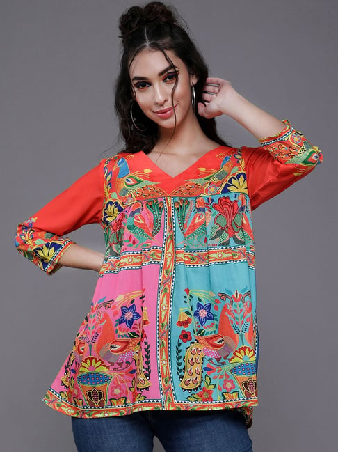 Aks Orange Cotton Printed Tunic