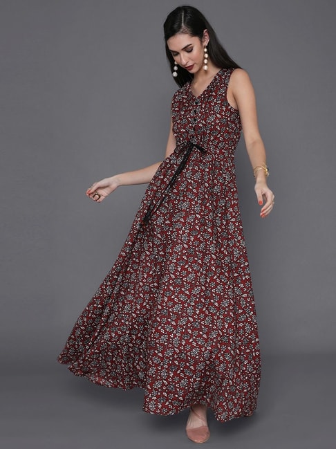Aks Maroon Cotton Floral Print Maxi Dress Price in India