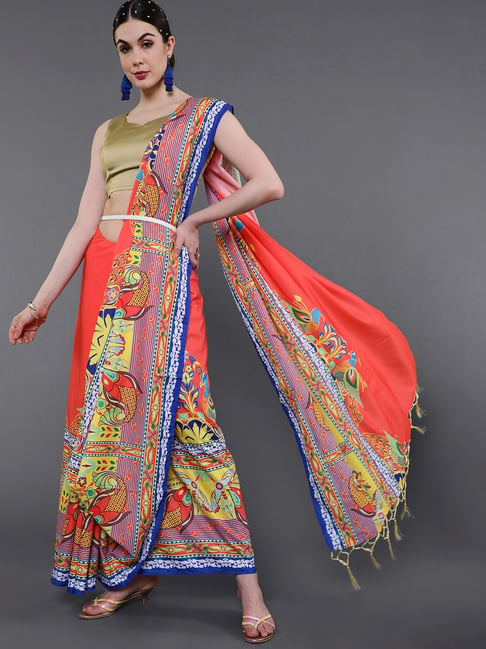 Aks Orange & Yellow Cotton Printed Saree With Unstitched Blouse Price in India