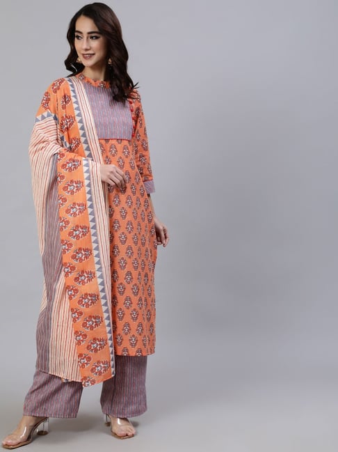 Aks Orange & Grey Cotton Printed Kurta Palazzo Set With Dupatta