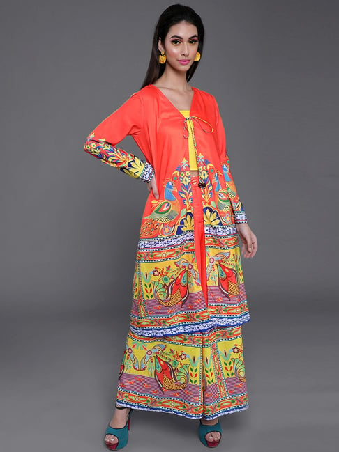 Aks Orange & Yellow Printed Top Palazzo Set With Jacket