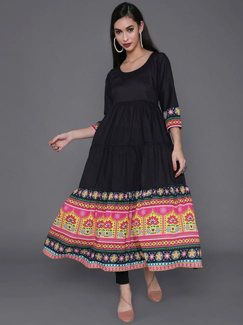 Aks Black Printed Flared Kurta