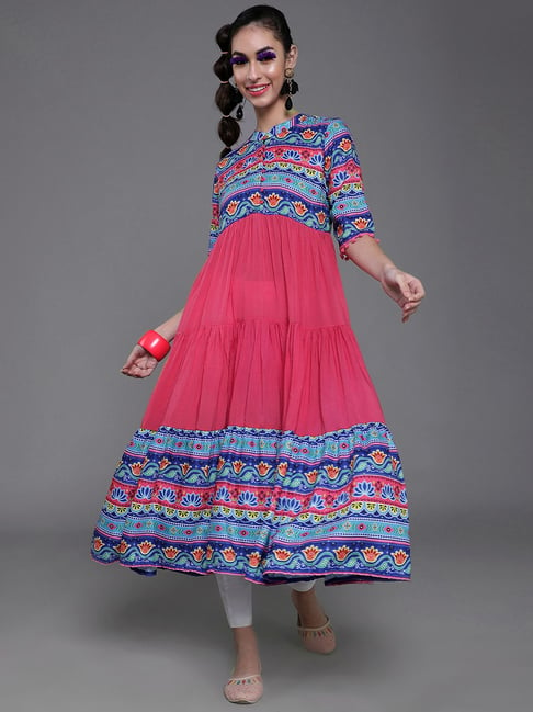 Aks Pink & Blue Printed Flared Kurta