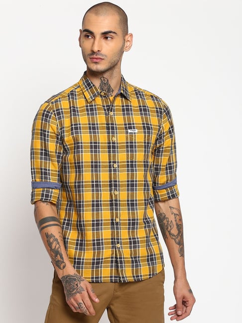 Wrangler Yellow & Grey Cotton Regular Fit Checks Shirt