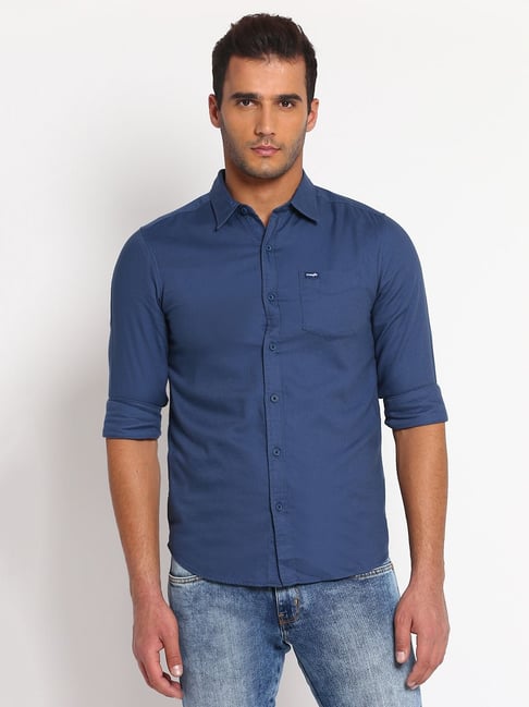 Wrangler Navy Cotton Slim Fit Shirt