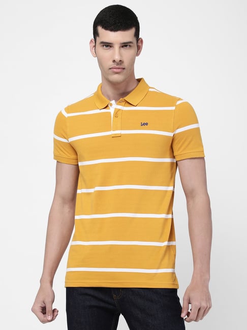 Lee Yellow & White Cotton Slim Fit Striped Polo T-Shirt