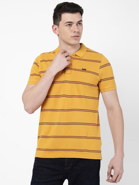 Lee Yellow & Red Cotton Slim Fit Striped Polo T-Shirt