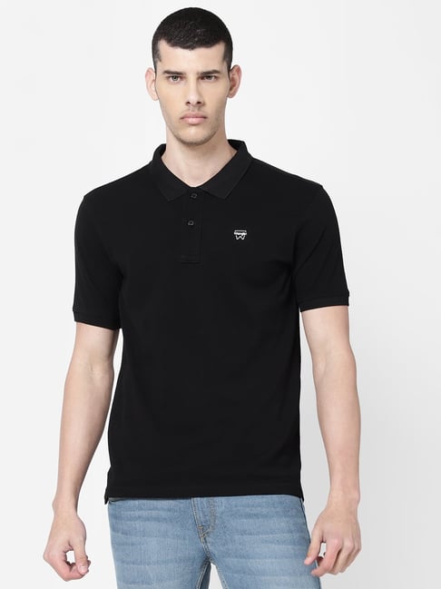 Wrangler Black Cotton Regular Fit Polo T-Shirt