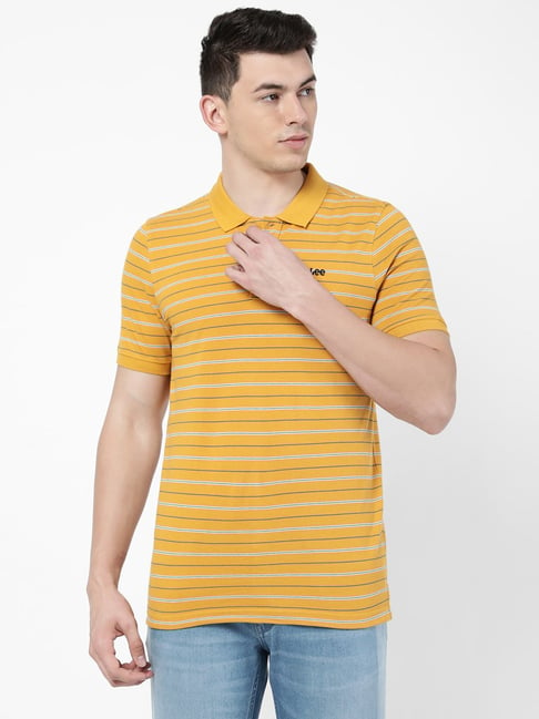 Lee Yellow & Royal Blue Cotton Slim Fit Striped Polo T-Shirt