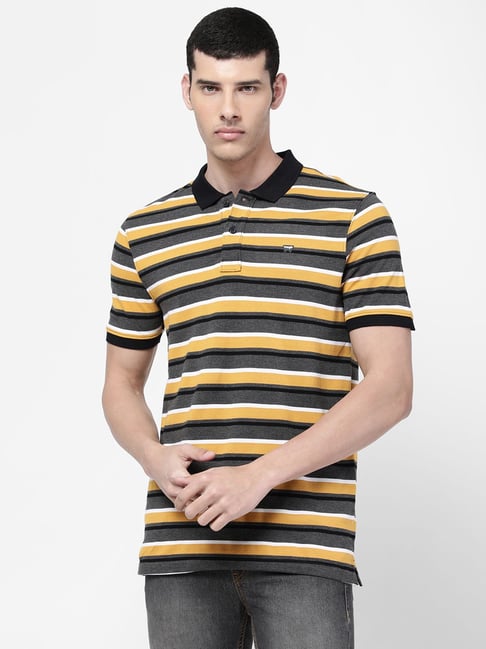 Wrangler Black & Yellow Cotton Regular Fit Striped Polo T-Shirt