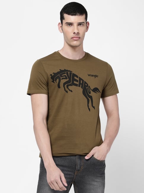 Buy Wrangler Green Cotton Regular Fit Printed T-Shirt for Mens