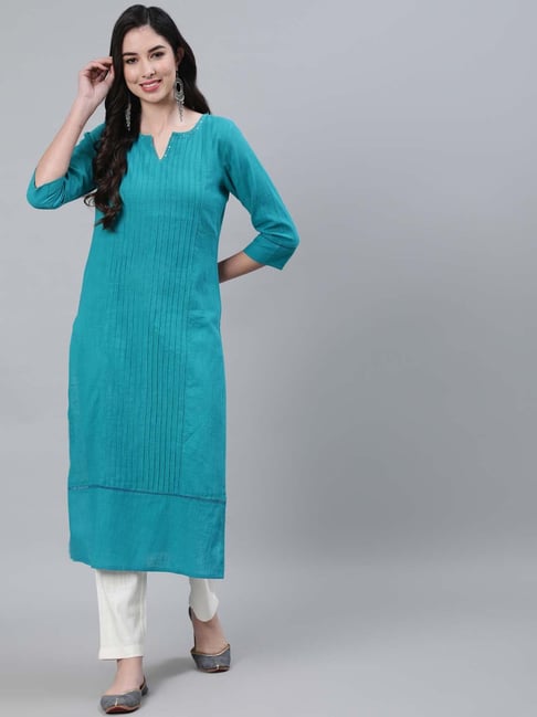 Jaipur Kurti Teal Blue Cotton Straight Fit Kurta Price in India