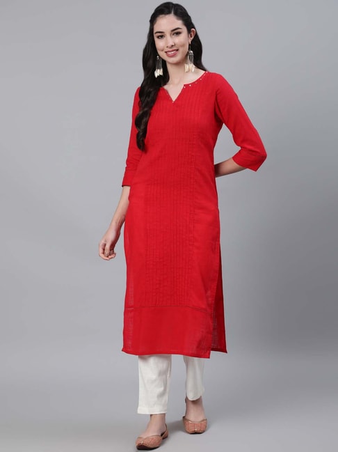 Jaipur Kurti Red Cotton Straight Fit Kurta Price in India