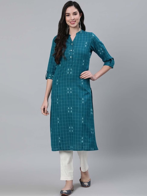 Jaipur Kurti Teal Blue Cotton Chequered Flare fit Kurta Price in India
