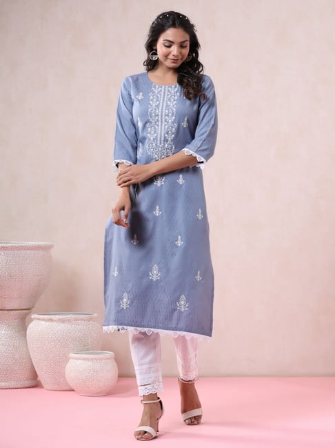 Juniper Blue Embroidered Straight Kurta Price in India