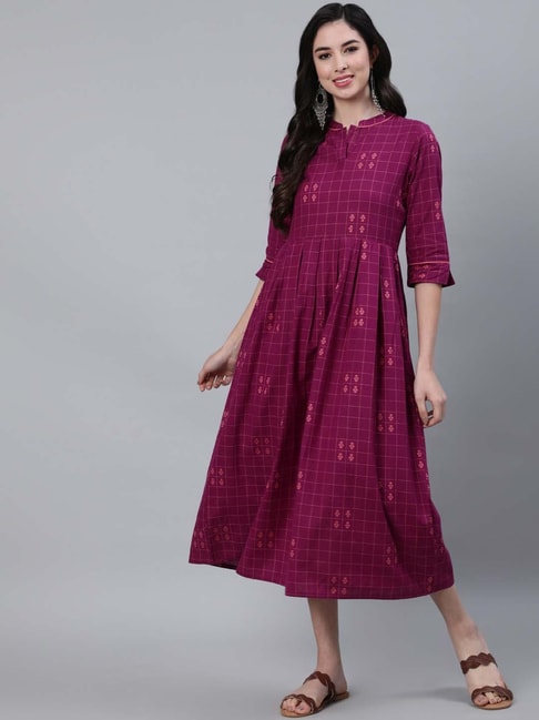 Jaipur Kurti Purple Checquered Flare fit Dress Price in India