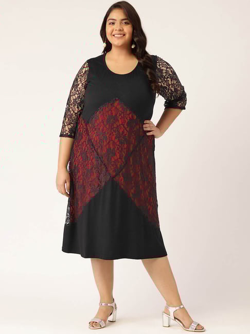 Buy Revolution Black Red Self Design Midi A-Line Dress for