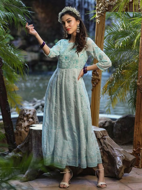 Buy Juniper White & Blue Printed Maxi Dress for Women Online