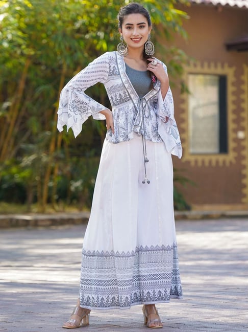 Buy White Modal Satin Printed Cutdana Work Block Jacket Palazzo Set For  Women by Sanjev Marwaaha Online at Aza Fashions.