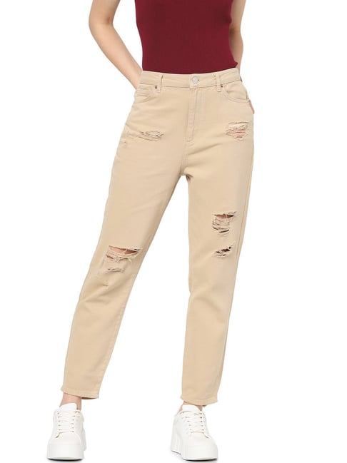 Only Beige Slim Fit High Rise Distressed Jeans