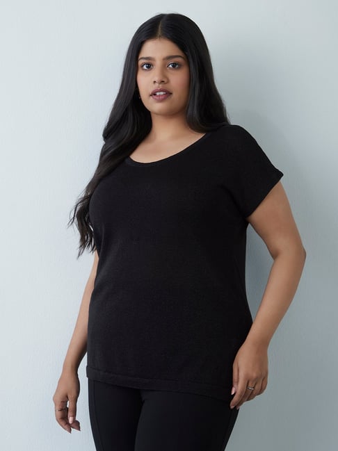 Gia Curves by Westside Black Shimmer-Detailed Knit Top Price in India