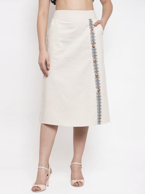 Global Republic Off White Embroidered Below Knee Skirt Price in India