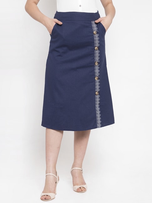 Global Republic Navy Embroidered Below Knee Skirt Price in India