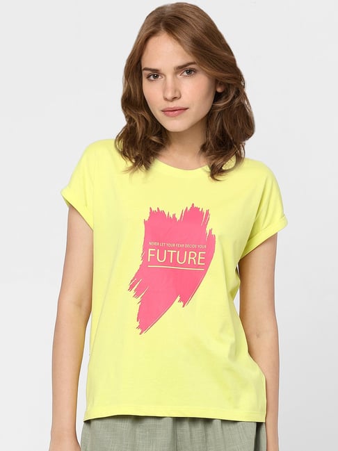 Vero Moda Yellow Printed Round Neck T-Shirt