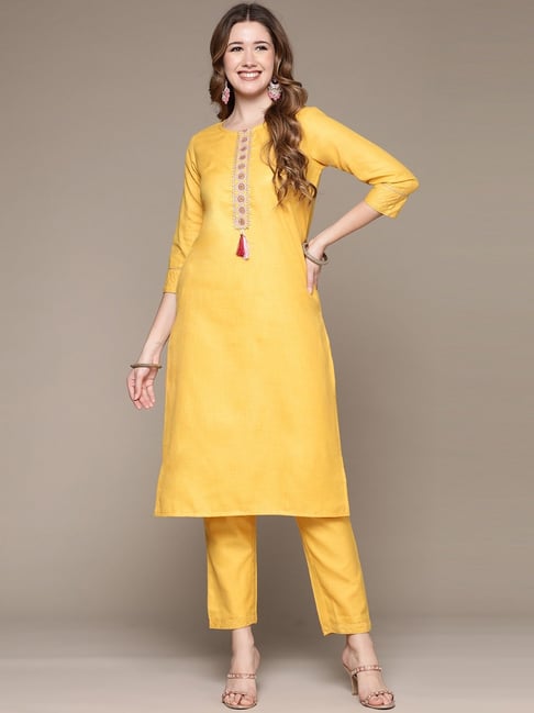 Anubhutee Yellow Embroidered Kurta Pant Set Price in India