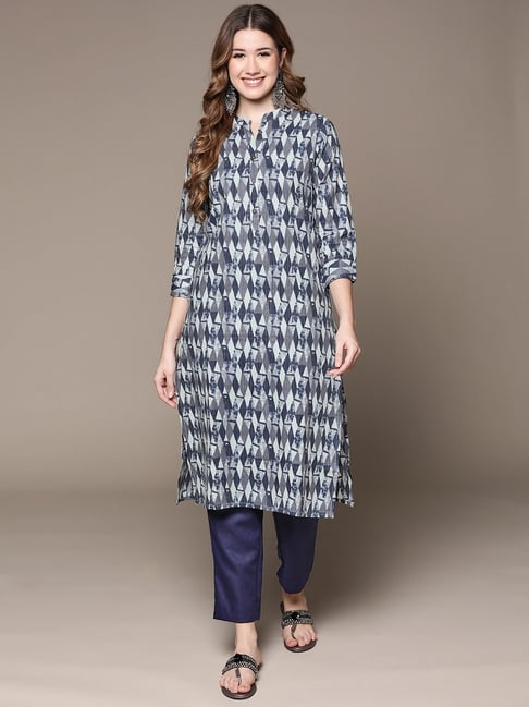 Anubhutee Blue Pure Cotton Woven Pattern Kurta Pant Set Price in India