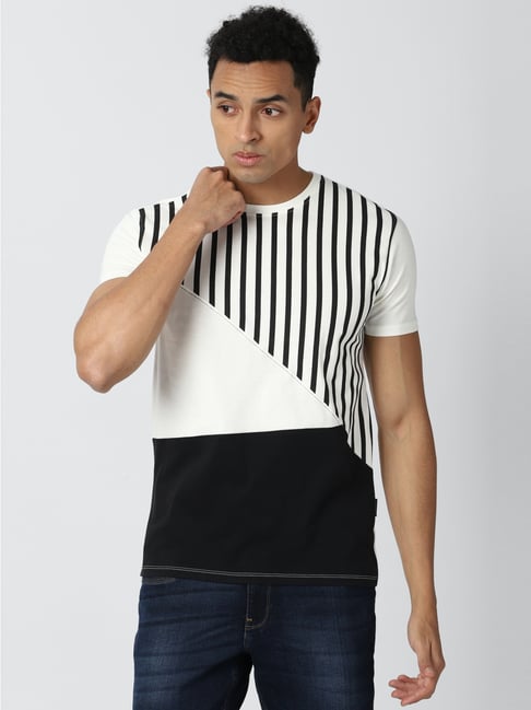 Van Heusen White Cotton Slim Fit Striped T-Shirts