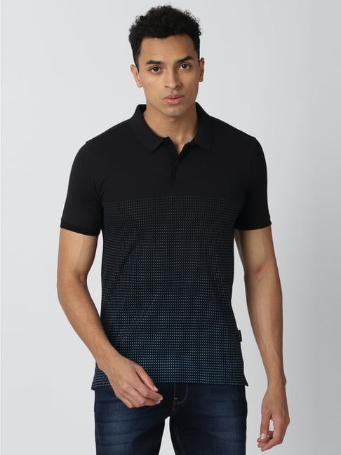 Van Heusen Blue Cotton Slim Fit Printed Polo T-Shirts