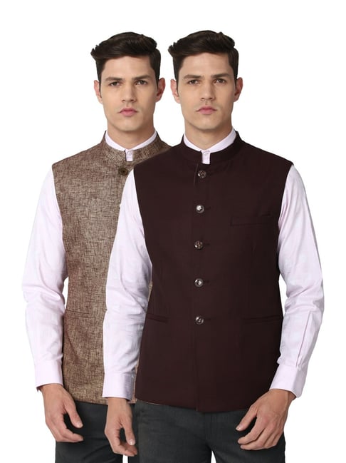 Buy Van Heusen Brown Slim Fit Self Pattern Reversible Nehru Jacket