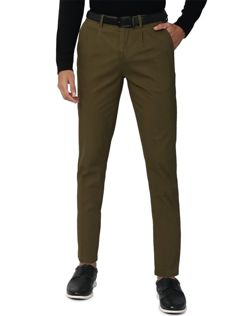 Buy Peter England Green Cotton Slim Fit Trousers for Mens Online
