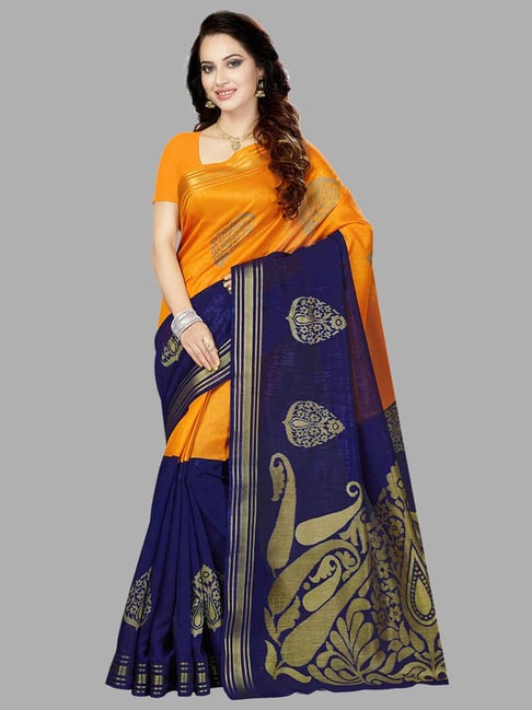 Buy VAIRAGEE Orange and Blue Borders Cotton Saree with Unstitched Blouse  online