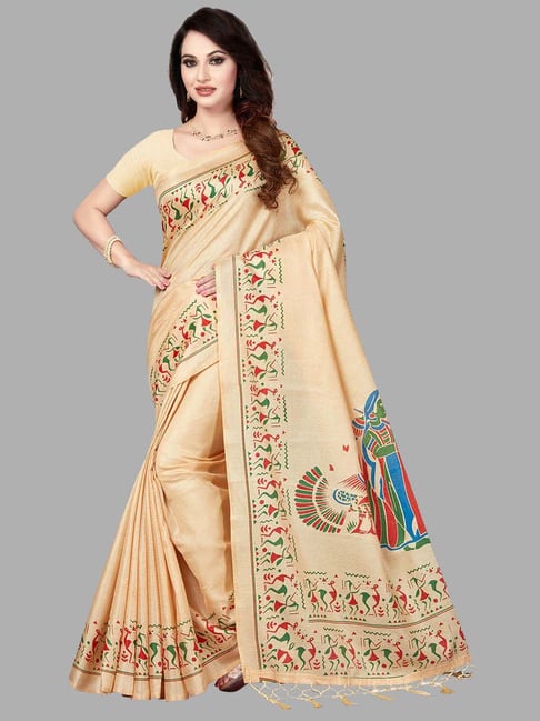 Ishin Beige Silk Printed Saree With Unstitched Blouse