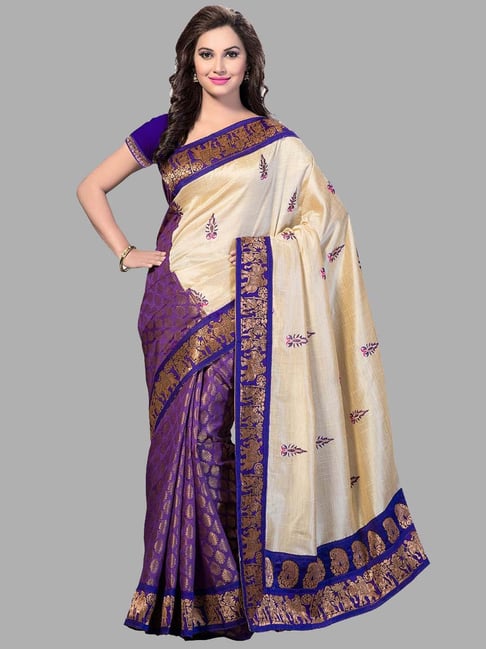 Ishin Purple & Beige Silk Printed Saree With Unstitched Blouse