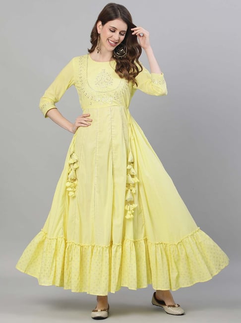 Ishin Yellow Cotton Embroidered Anarkali Kurta Price in India