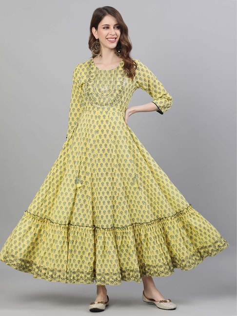 Ishin Yellow Cotton Embellished Anarkali Kurta Price in India